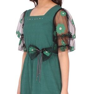 Emerald Green Floral-Appliqué Kids Dress with Bow